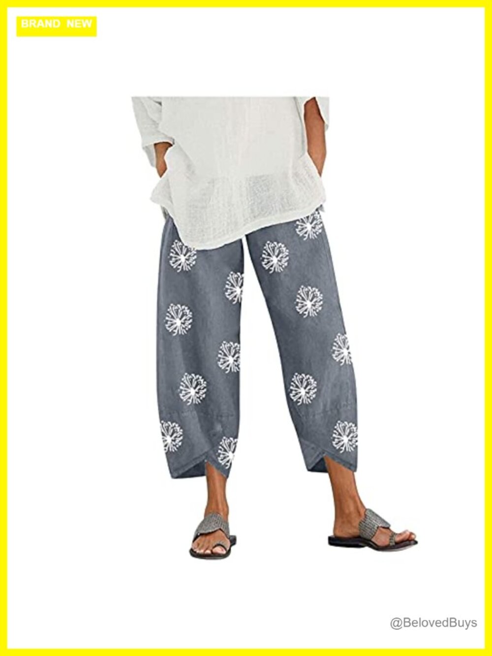 Womens Cotton Linen Capri Pants Wide Leg Elastic Waist Ankle